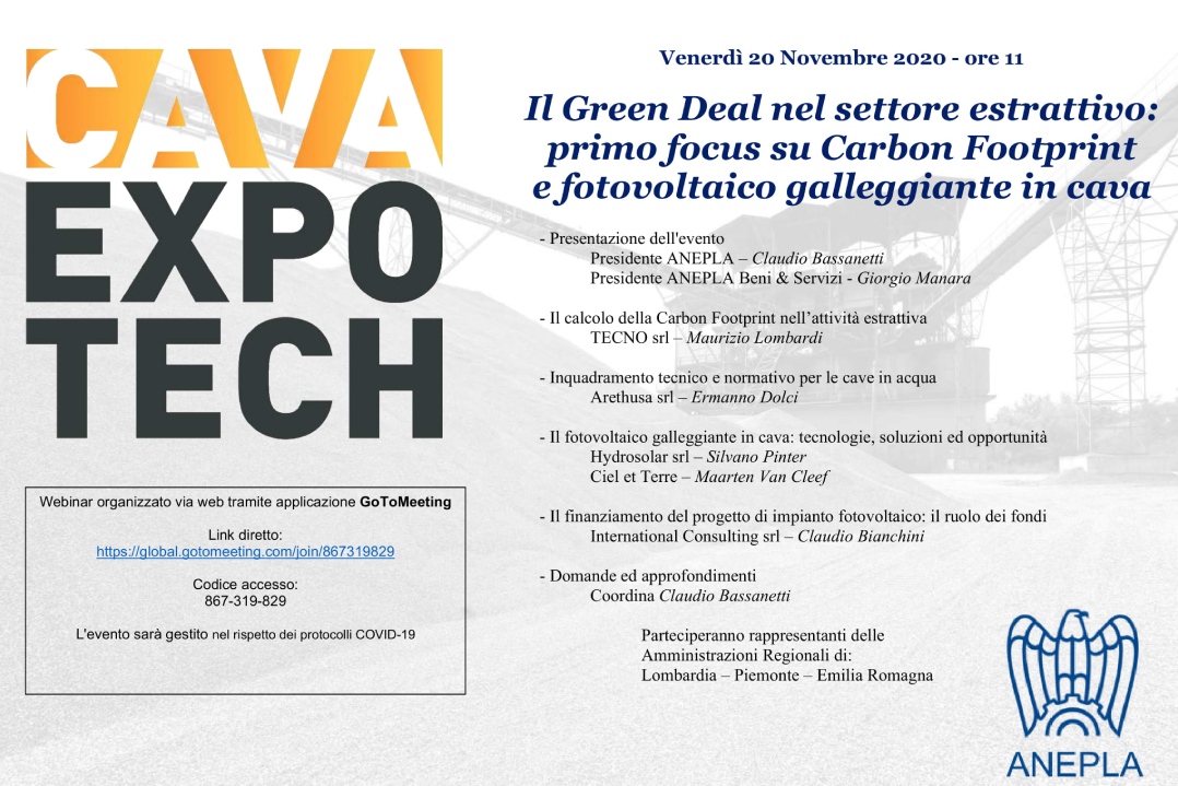 Webinar ANEPLA: il Green Deal nel settore estrattivo, la Carbon Footprint e il fotovoltaico galleggiante